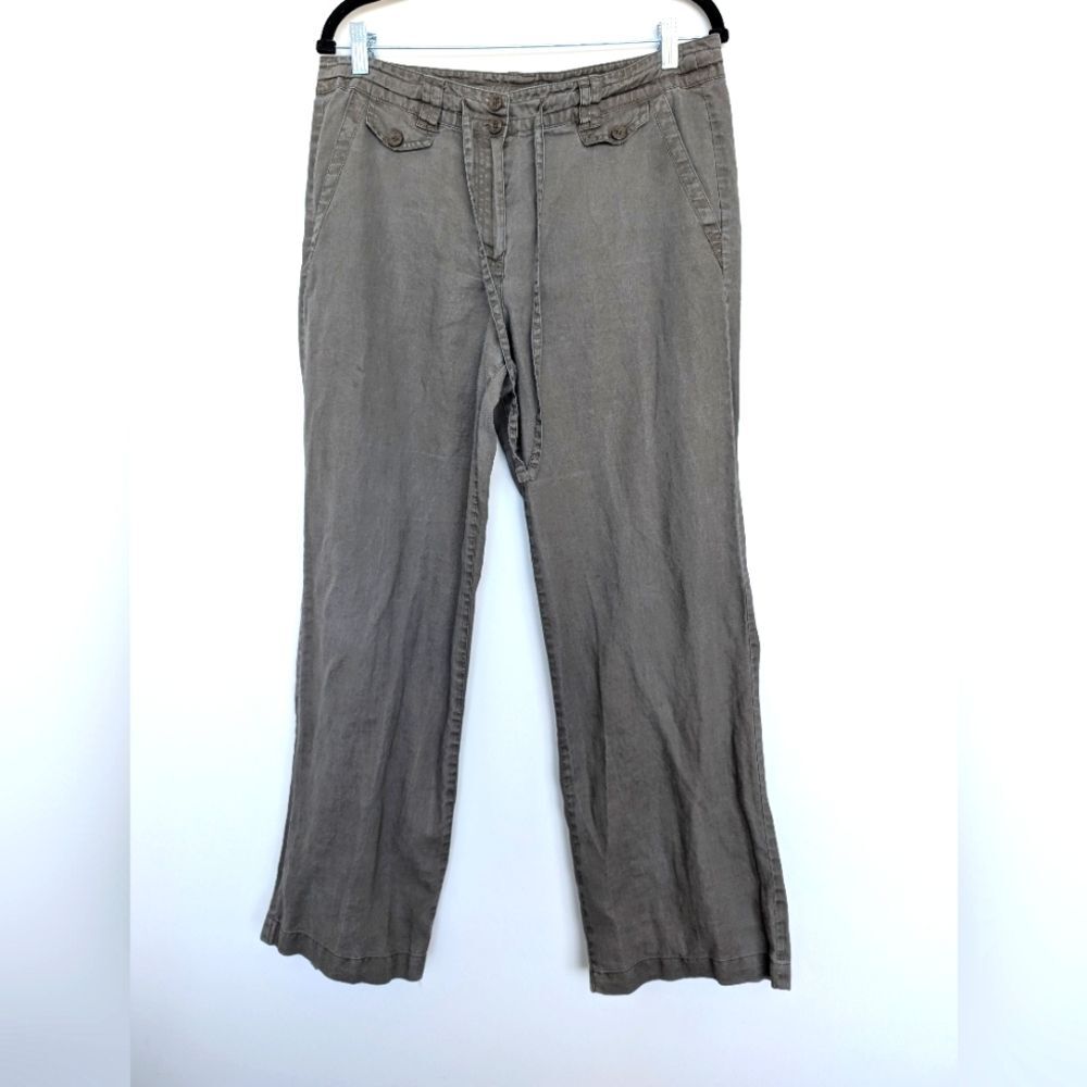 Sandro 100% Linen Distressed Relax Fit Flowy Front Zip Pants Sz 12 in Army Green